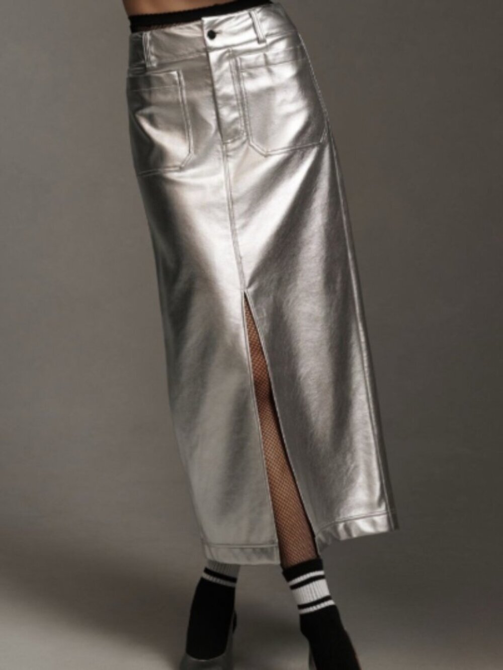 Anthropologie Colette Silver Faux Leather Maxi Skirt Size Medium